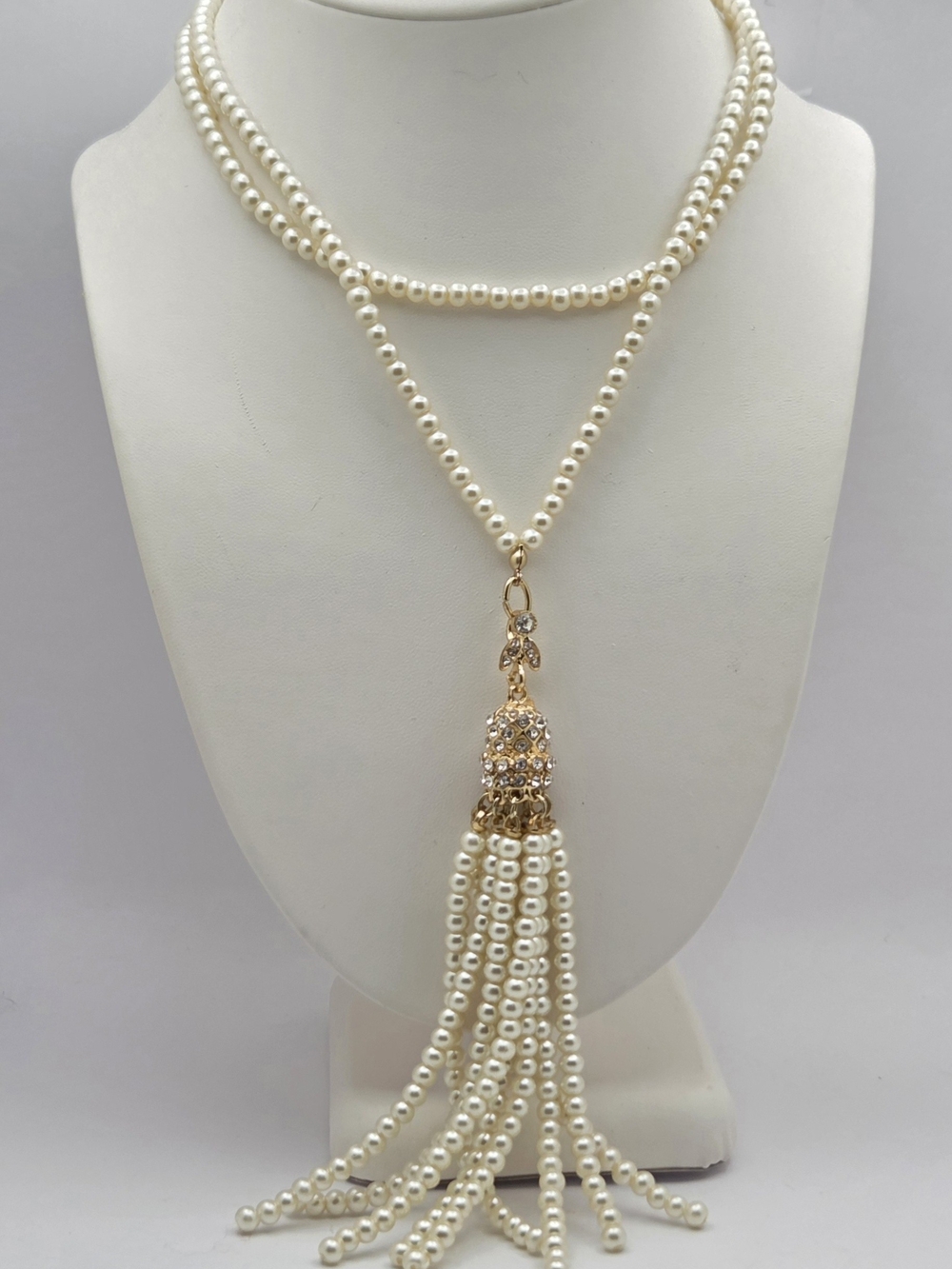 Vintage Style 30" Faux Pearl Long Opera Strand Necklace Rhinestone Tassel Pendan